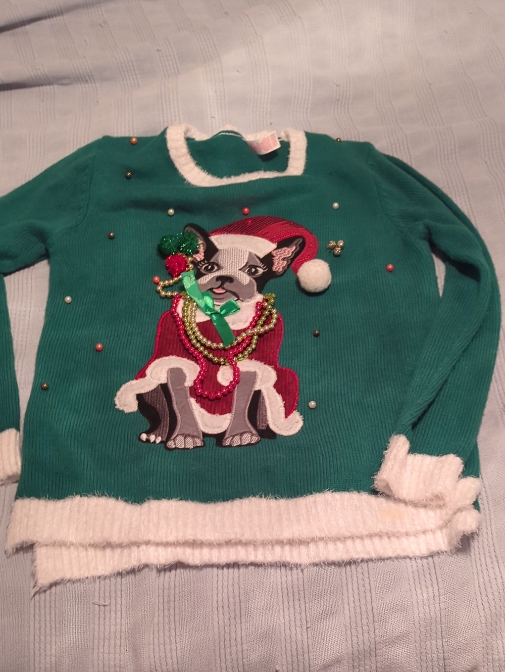 Holiday Time Green Crewneck Sweater with Festive Dog Applique